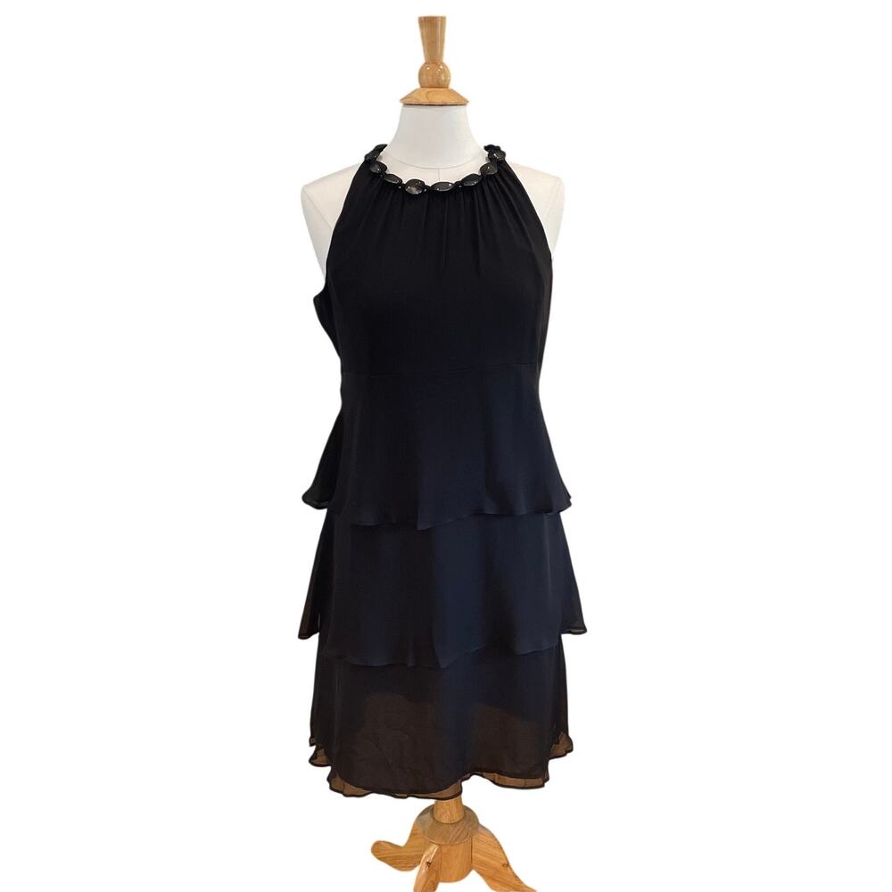 Ellen Tracy Black Silk Chiffon Tiered Cocktail Dress, Beaded Neckline, Glam, M